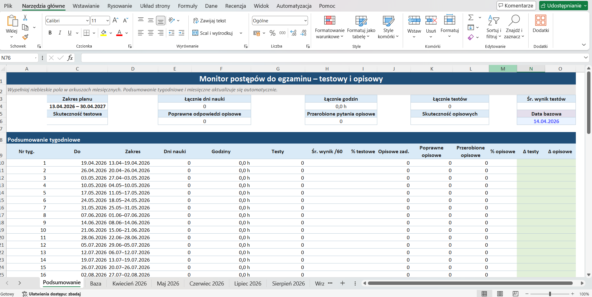 Excel do monitorowania postępów w nauce Kwiecień 2026 - Maj 2027. - obrazek 2